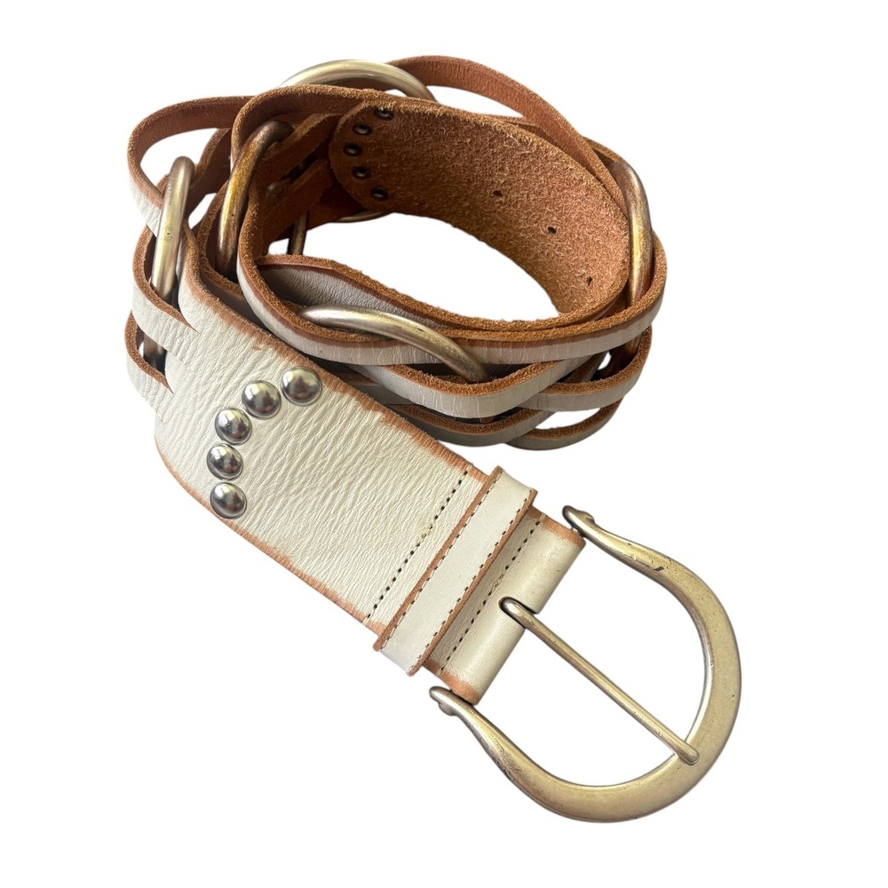 Rare VTG Linea Pelle Handmade Multi Strand Leather Ring Belt Stud Brass Buckle S - Picture 2 of 10